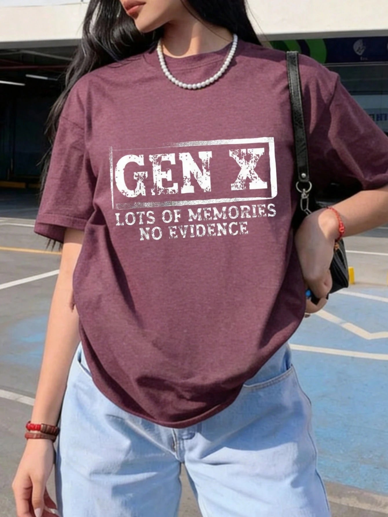 Gen X Lots Of Memories No Evidence Print Women's Colored Cotton T-Shirt Understated Luxury Casual Tee Y2K Style With Digital Print