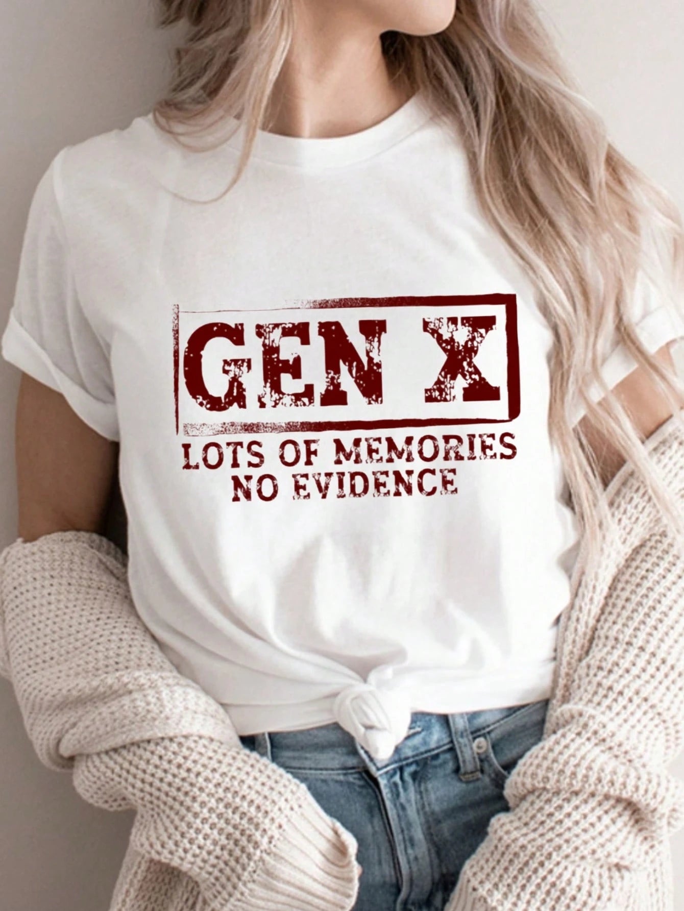 Gen X Lots Of Memories No Evidence Print Women's Colored Cotton T-Shirt Understated Luxury Casual Tee Y2K Style With Digital Print
