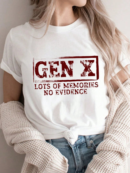 Gen X Lots Of Memories No Evidence Print Women's Colored Cotton T-Shirt Understated Luxury Casual Tee Y2K Style With Digital Print