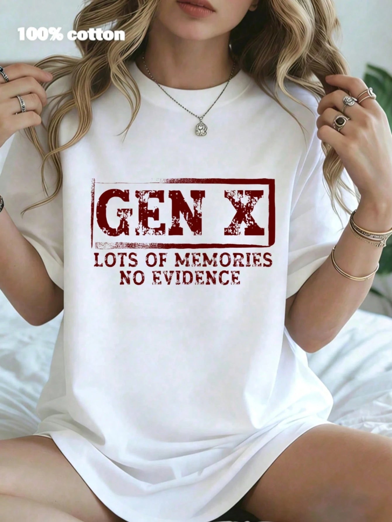 Gen X Lots Of Memories No Evidence Print Women's Colored Cotton T-Shirt Understated Luxury Casual Tee Y2K Style With Digital Print