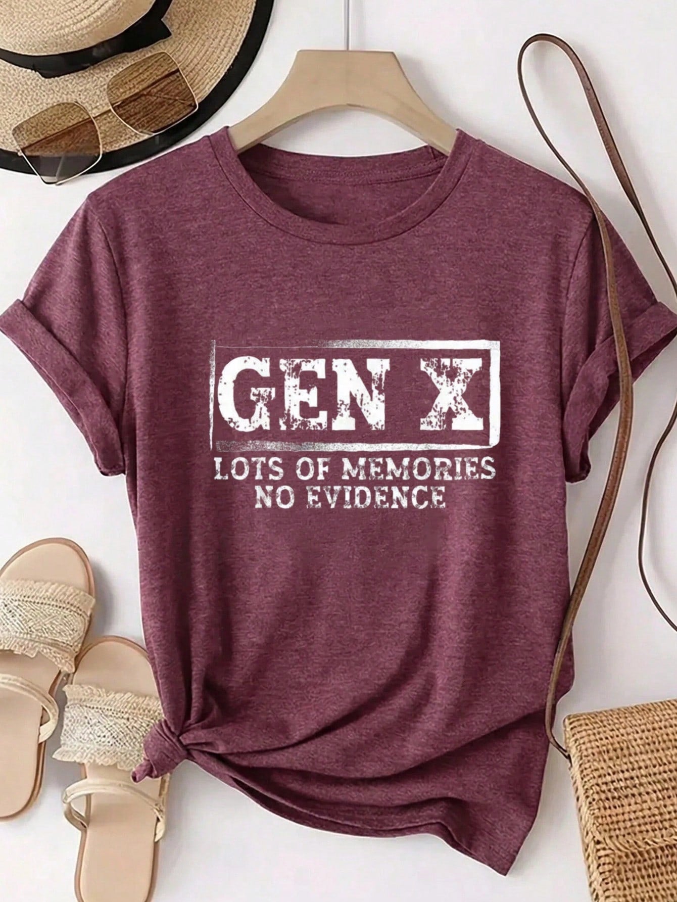 Gen X Lots Of Memories No Evidence Print Women's Colored Cotton T-Shirt Understated Luxury Casual Tee Y2K Style With Digital Print