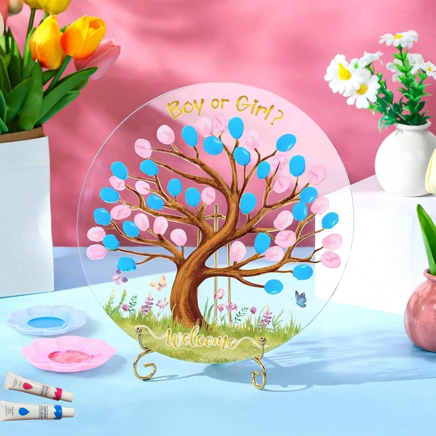Gender Reveal Fingerprint Tree Boy Or Girl Party Ideas Baby Shower Guest Book Party Game Gender Reveal Party Supplies For Baby Shower He Or She Party Keepsake(Classic)