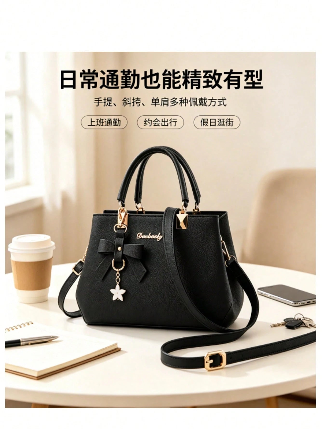 Generic Women Litchi Grain Leather Crossbody Bag, Adjustable Strap Lightweight Shoulder Purse, Casual Portable Handbag For Daily Shopping Travel