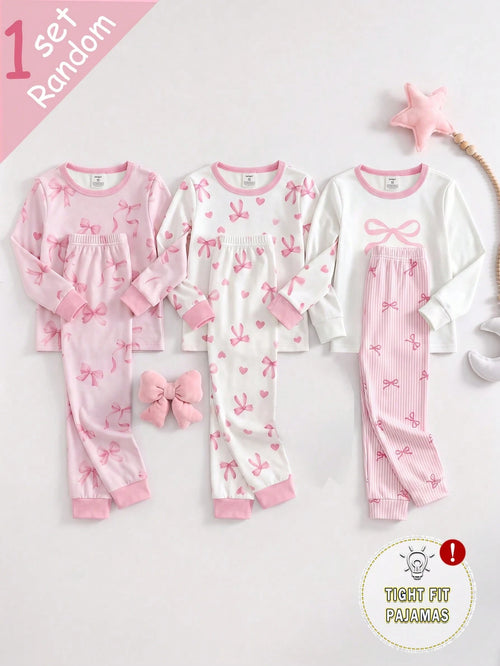 Genkimix Kids [Randomly Shipped 1 Set]Young Girl Pajamas, Baby Girl All-Season Sweet Pink Bow Print Contrast Pink Collar, Cuffs And Hem, Round Neck High Elastic Knit Long Sleeve Long Pants Loungewear