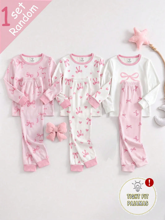 Genkimix Kids [Randomly Shipped 1 Set]Young Girl Pajamas, Baby Girl All-Season Sweet Pink Bow Print Contrast Pink Collar, Cuffs And Hem, Round Neck High Elastic Knit Long Sleeve Long Pants Loungewear