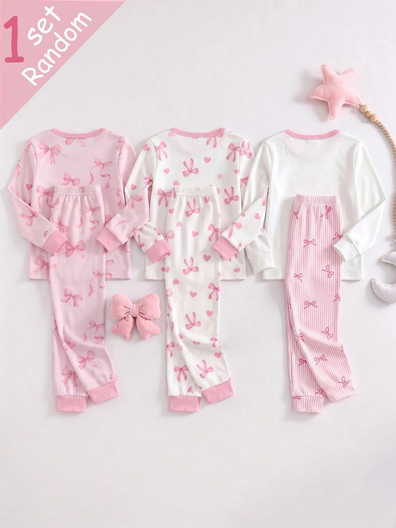 Genkimix Kids [Randomly Shipped 1 Set]Young Girl Pajamas, Baby Girl All-Season Sweet Pink Bow Print Contrast Pink Collar, Cuffs And Hem, Round Neck High Elastic Knit Long Sleeve Long Pants Loungewear