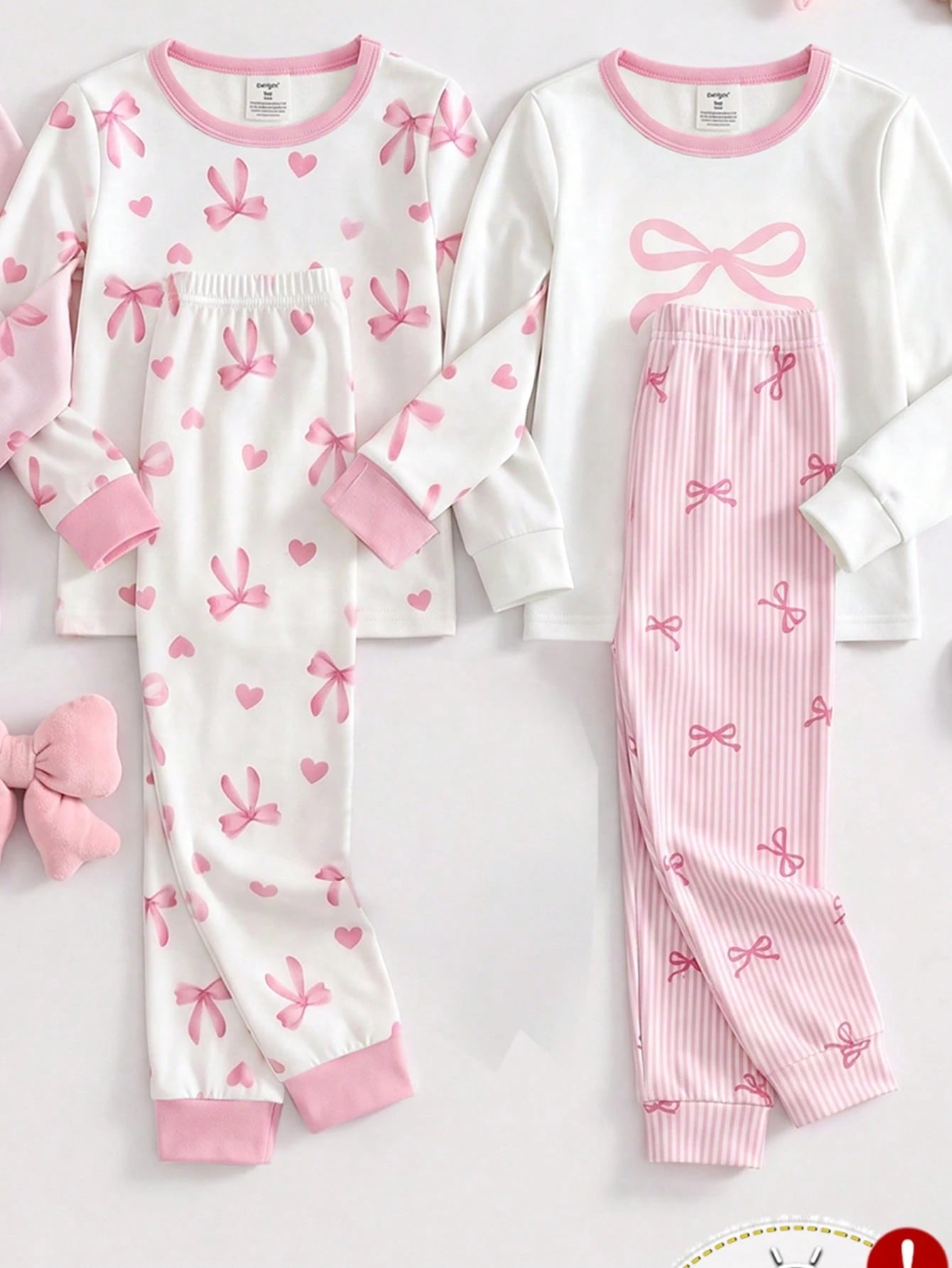 Genkimix Kids [Randomly Shipped 1 Set]Young Girl Pajamas, Baby Girl All-Season Sweet Pink Bow Print Contrast Pink Collar, Cuffs And Hem, Round Neck High Elastic Knit Long Sleeve Long Pants Loungewear