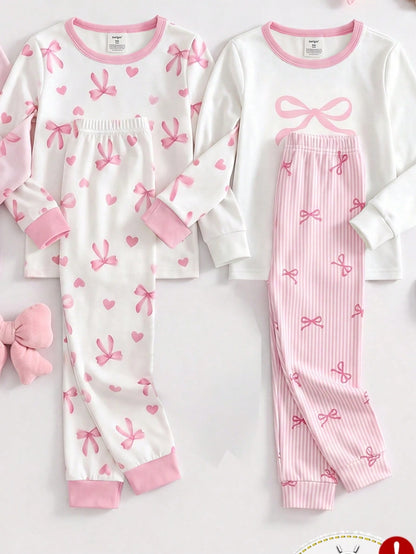 Genkimix Kids [Randomly Shipped 1 Set]Young Girl Pajamas, Baby Girl All-Season Sweet Pink Bow Print Contrast Pink Collar, Cuffs And Hem, Round Neck High Elastic Knit Long Sleeve Long Pants Loungewear