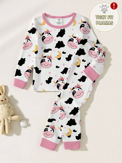 Genkimix Kids [Randomly Shipped 1 Set]Young Girl Pajamas, Baby Girl All-Season Sweet Pink Bow Print Contrast Pink Collar, Cuffs And Hem, Round Neck High Elastic Knit Long Sleeve Long Pants Loungewear