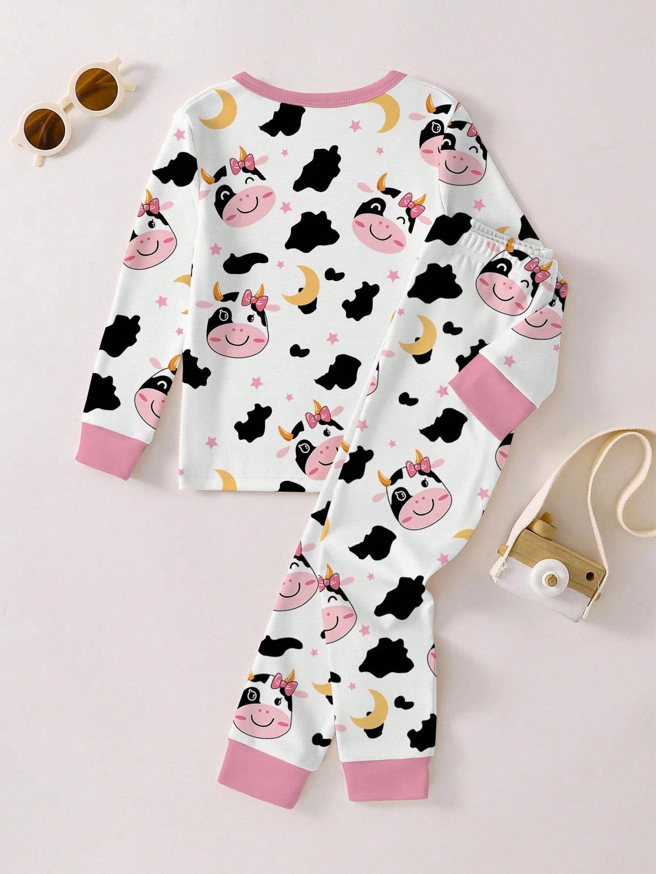Genkimix Kids [Randomly Shipped 1 Set]Young Girl Pajamas, Baby Girl All-Season Sweet Pink Bow Print Contrast Pink Collar, Cuffs And Hem, Round Neck High Elastic Knit Long Sleeve Long Pants Loungewear