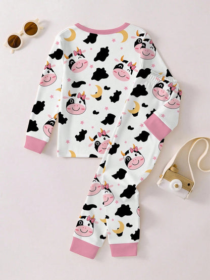 Genkimix Kids [Randomly Shipped 1 Set]Young Girl Pajamas, Baby Girl All-Season Sweet Pink Bow Print Contrast Pink Collar, Cuffs And Hem, Round Neck High Elastic Knit Long Sleeve Long Pants Loungewear