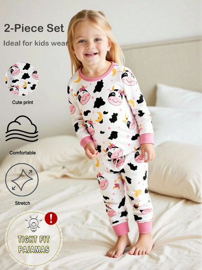 Genkimix Kids [Randomly Shipped 1 Set]Young Girl Pajamas, Baby Girl All-Season Sweet Pink Bow Print Contrast Pink Collar, Cuffs And Hem, Round Neck High Elastic Knit Long Sleeve Long Pants Loungewear
