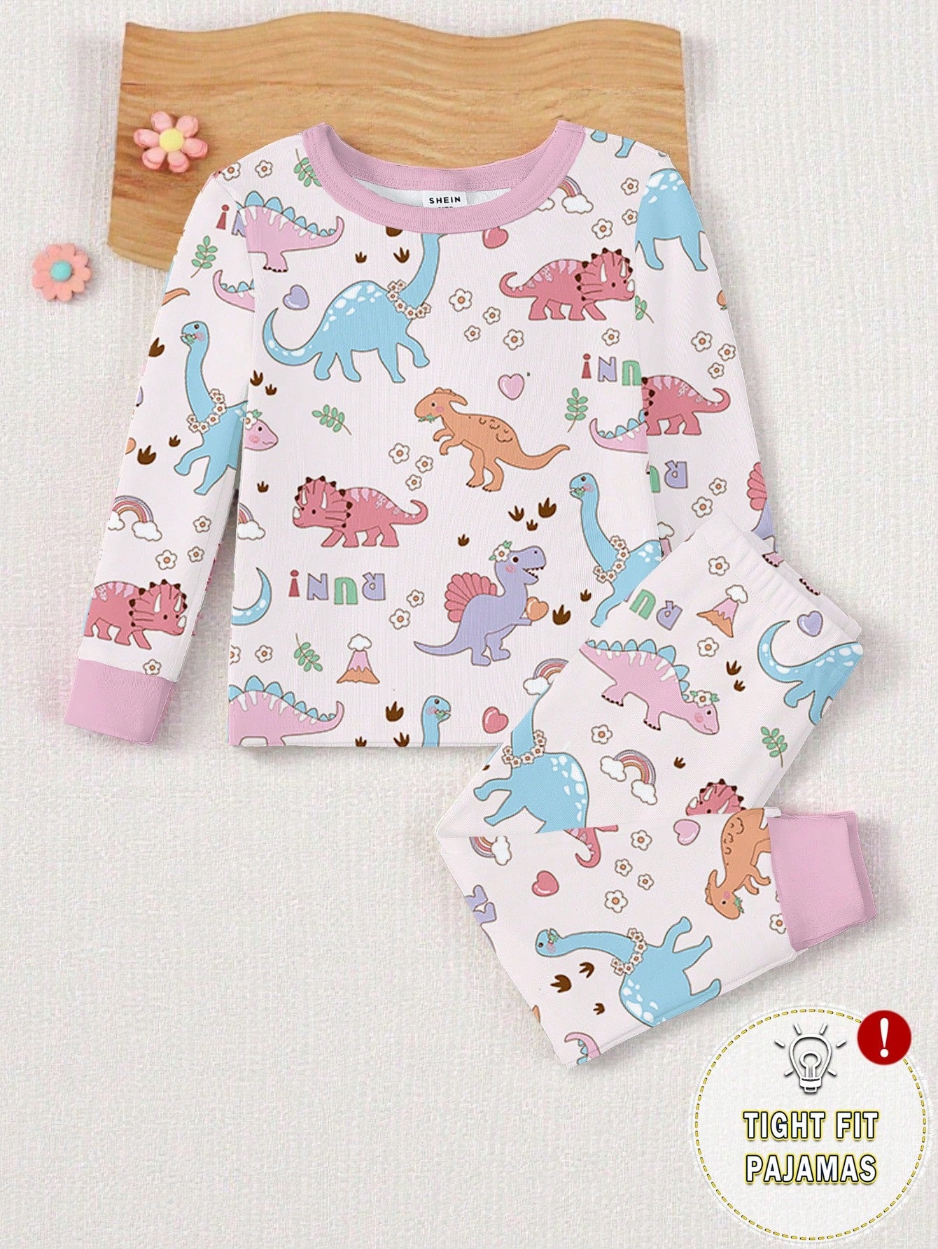 Genkimix Kids [Randomly Shipped 1 Set]Young Girl Pajamas, Baby Girl All-Season Sweet Pink Bow Print Contrast Pink Collar, Cuffs And Hem, Round Neck High Elastic Knit Long Sleeve Long Pants Loungewear
