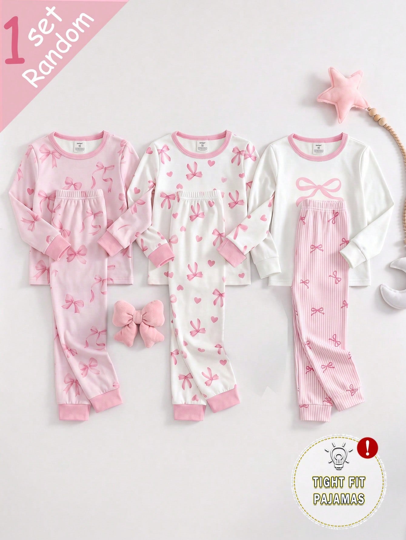 Genkimix Kids [Randomly Shipped 1 Set]Young Girl Pajamas, Baby Girl All-Season Sweet Pink Bow Print Contrast Pink Collar, Cuffs And Hem, Round Neck High Elastic Knit Long Sleeve Long Pants Loungewear