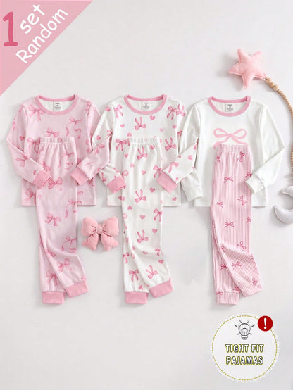 Genkimix Kids [Randomly Shipped 1 Set]Young Girl Pajamas, Baby Girl All-Season Sweet Pink Bow Print Contrast Pink Collar, Cuffs And Hem, Round Neck High Elastic Knit Long Sleeve Long Pants Loungewear