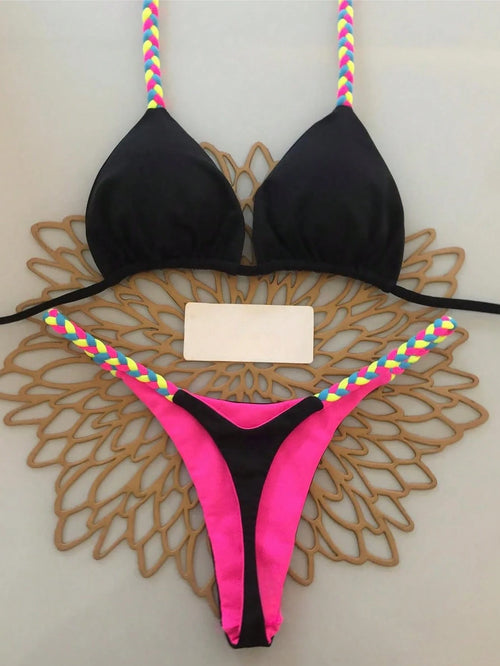Geometric & Tropical Floral Print Casual Cute Elegant Sexy Bohemian Style Tie-Front Bikini Swimwear Set For Women, Summer Beach Vacation Black