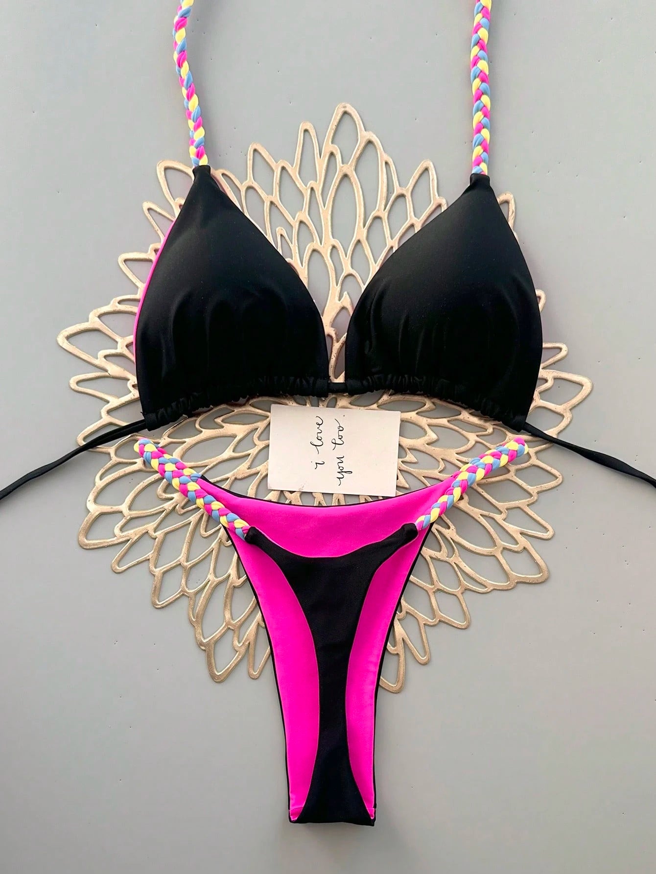 Geometric & Tropical Floral Print Casual Cute Elegant Sexy Bohemian Style Tie-Front Bikini Swimwear Set For Women, Summer Beach Vacation Black