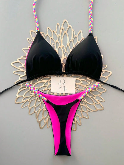 Geometric & Tropical Floral Print Casual Cute Elegant Sexy Bohemian Style Tie-Front Bikini Swimwear Set For Women, Summer Beach Vacation Black