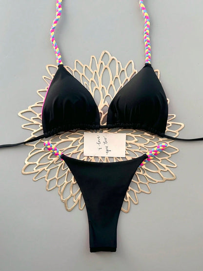 Geometric & Tropical Floral Print Casual Cute Elegant Sexy Bohemian Style Tie-Front Bikini Swimwear Set For Women, Summer Beach Vacation Black