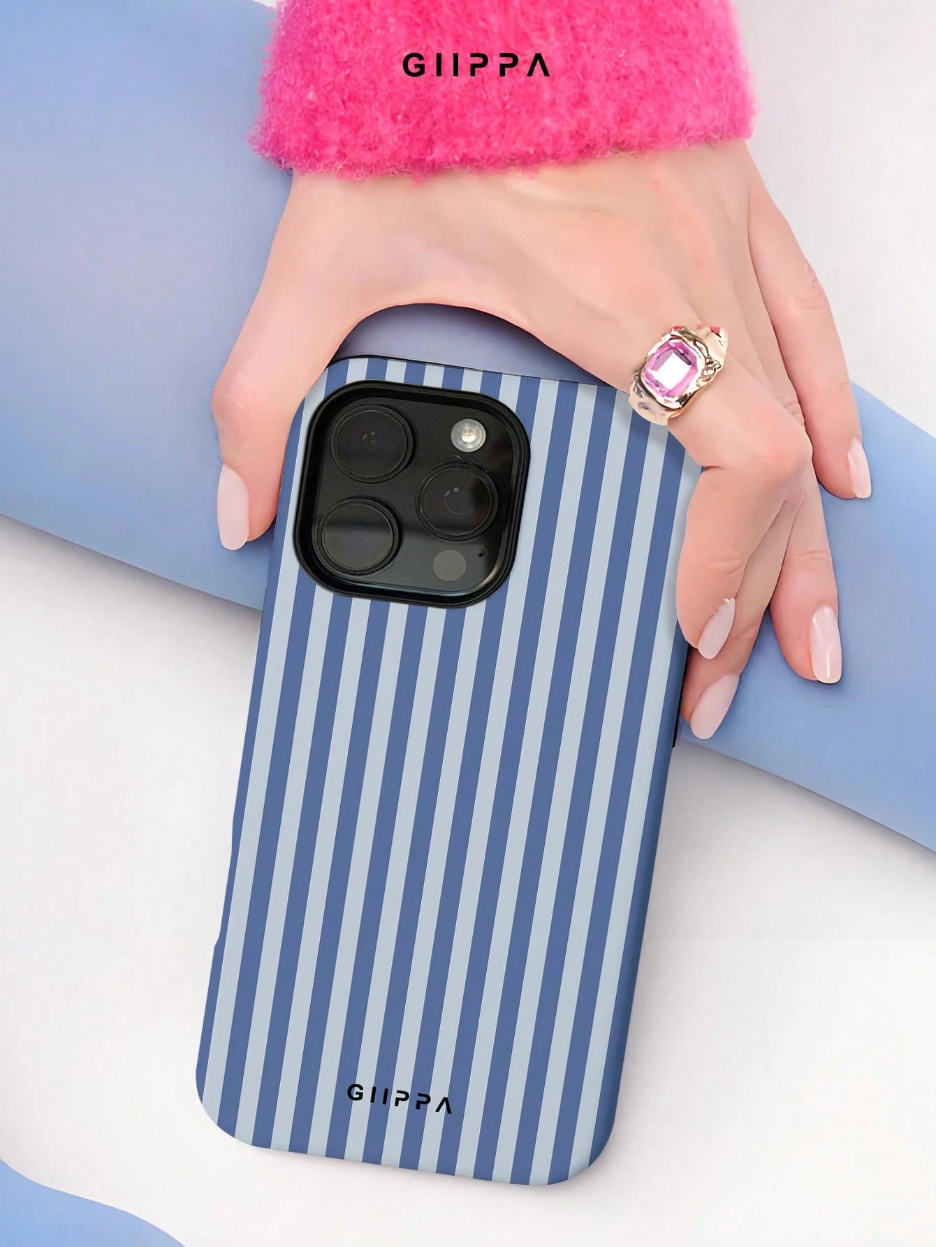 GIIPPA 1pc Foggy Blue Striped Pattern Design, Phone 17 Pro Max Phone Case, Compatible With Phone 16 Pro Max, 15 Pro Max, 14 Pro Max, Korean-Style High-End Fashionable And Fun Phone Case, Compatible Wi
