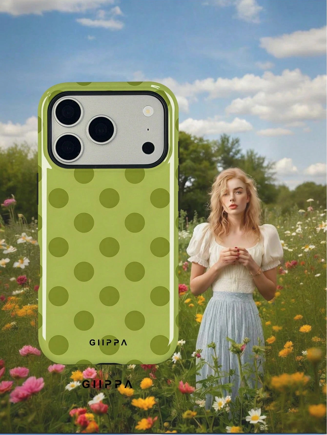 GIIPPA 1pc Fresh Avocado Green Polka Dot Full Print Design Phone Case, Compatible With Phone 17 Pro Max, 16 Pro Max, 15 Pro Max, 14 Pro Max, 11/12/13/14/15/16 Pro Max Plus, Korean Style High-End Fashi