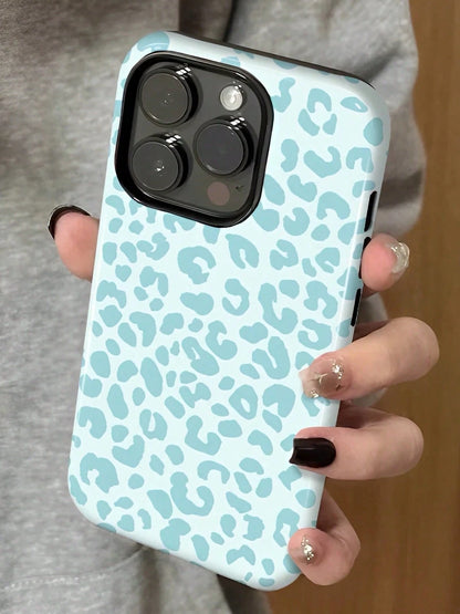 GIIPPA Blue Leopard Pattern Fashion Leopard Print 2-In-1 Anti-Fall Protective Phone Case, Compatible With IPhone 17, 16, 15, 14, 13, 12, 11, PRO MAX Spring Gift