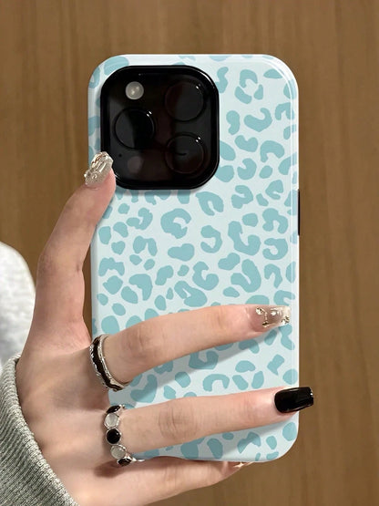 GIIPPA Blue Leopard Pattern Fashion Leopard Print 2-In-1 Anti-Fall Protective Phone Case, Compatible With IPhone 17, 16, 15, 14, 13, 12, 11, PRO MAX Spring Gift