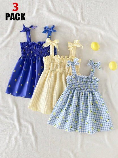 Girls' Sleeveless Pleated Lemon Butter Yellow Blue And White Midi Dress Casual Cute Fairy Sweet Princess Style Suitable For Vacation Holiday Summer