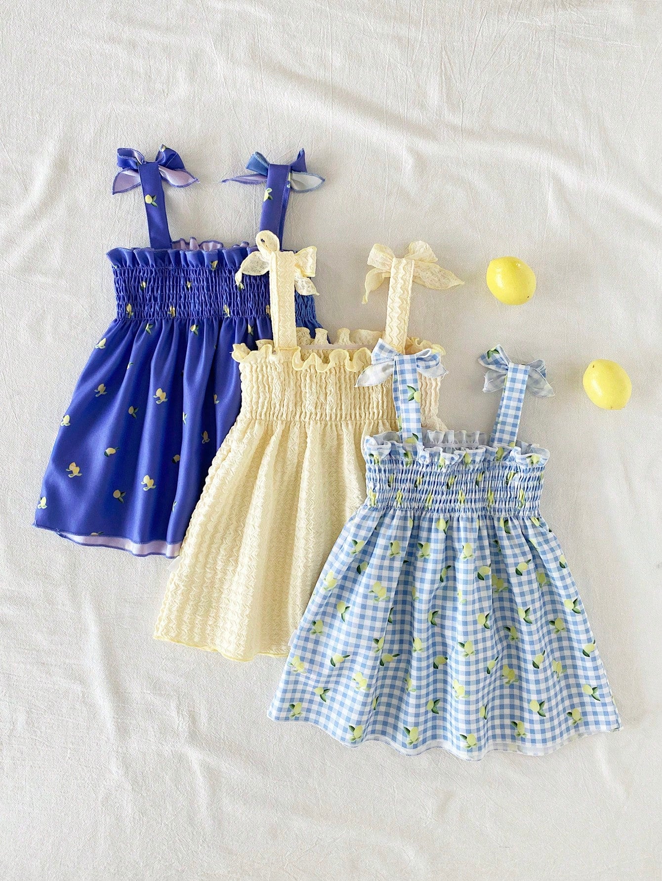 Girls' Sleeveless Pleated Lemon Butter Yellow Blue And White Midi Dress Casual Cute Fairy Sweet Princess Style Suitable For Vacation Holiday Summer
