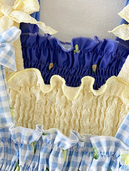 Girls' Sleeveless Pleated Lemon Butter Yellow Blue And White Midi Dress Casual Cute Fairy Sweet Princess Style Suitable For Vacation Holiday Summer