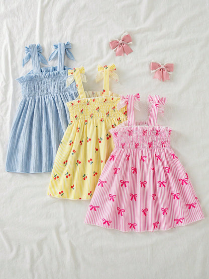 Girls' Sleeveless Pleated Lemon Butter Yellow Blue And White Midi Dress Casual Cute Fairy Sweet Princess Style Suitable For Vacation Holiday Summer