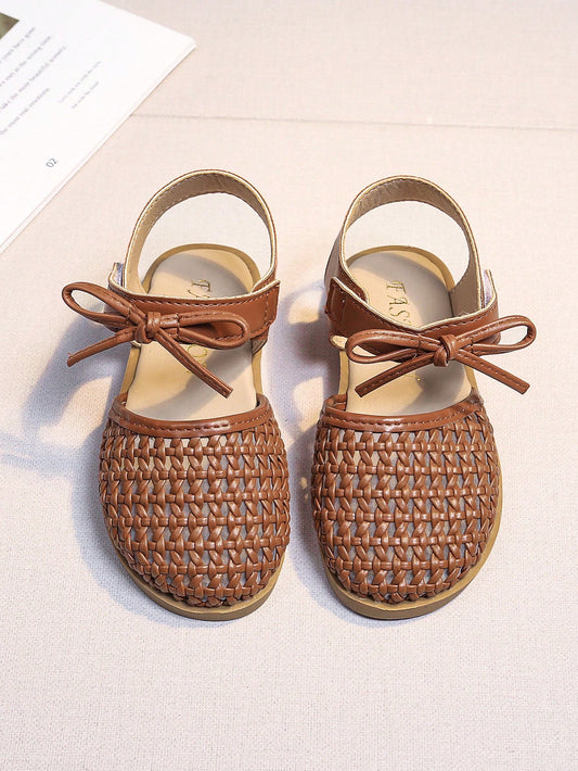 Girls' Woven Sandals, New Summer Princess Style, Bowknot Hollow Breathable, Soft Non-Slip Sole, Children Sandals For Kindergarten Girls