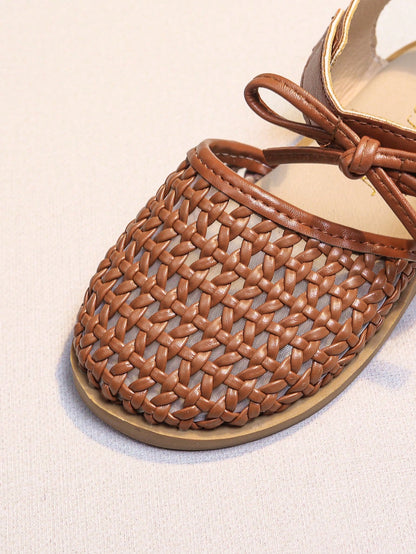 Girls' Woven Sandals, New Summer Princess Style, Bowknot Hollow Breathable, Soft Non-Slip Sole, Children Sandals For Kindergarten Girls