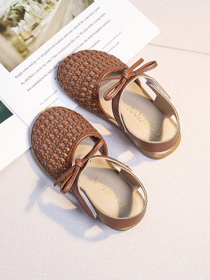 Girls' Woven Sandals, New Summer Princess Style, Bowknot Hollow Breathable, Soft Non-Slip Sole, Children Sandals For Kindergarten Girls