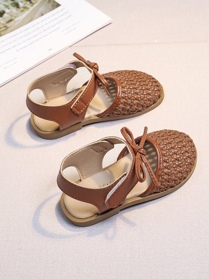 Girls' Woven Sandals, New Summer Princess Style, Bowknot Hollow Breathable, Soft Non-Slip Sole, Children Sandals For Kindergarten Girls