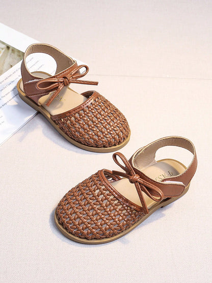 Girls' Woven Sandals, New Summer Princess Style, Bowknot Hollow Breathable, Soft Non-Slip Sole, Children Sandals For Kindergarten Girls