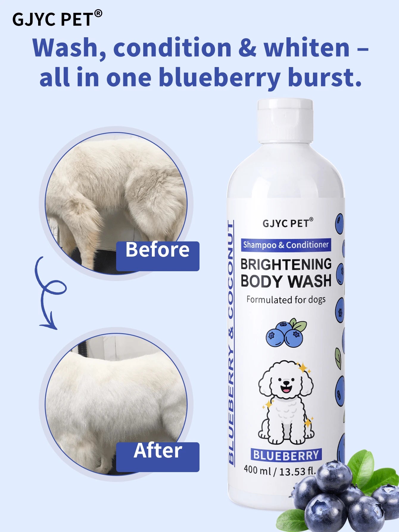 GJYC PET Dog Whitening Shampoo- Pet Grooming Brightening Shampoo, Creates Bright White Fur- Enhances Shine And Softness