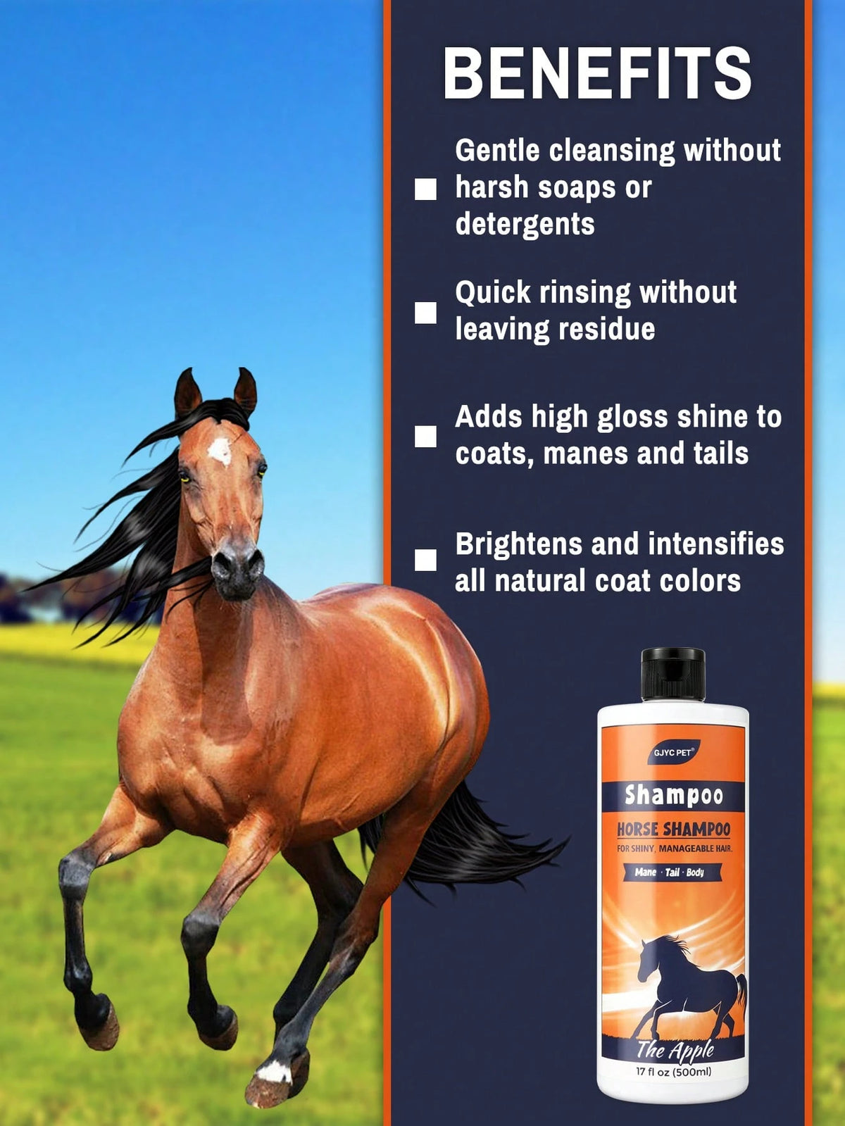 GJYC PET Equine Horse Shampoo – Conditions & Moisturizes Coat, Mane & Tail, Enhances All Coat Colors, Promotes Shine, For All Horses & Pets, PH Balanced, 17 Fl Oz