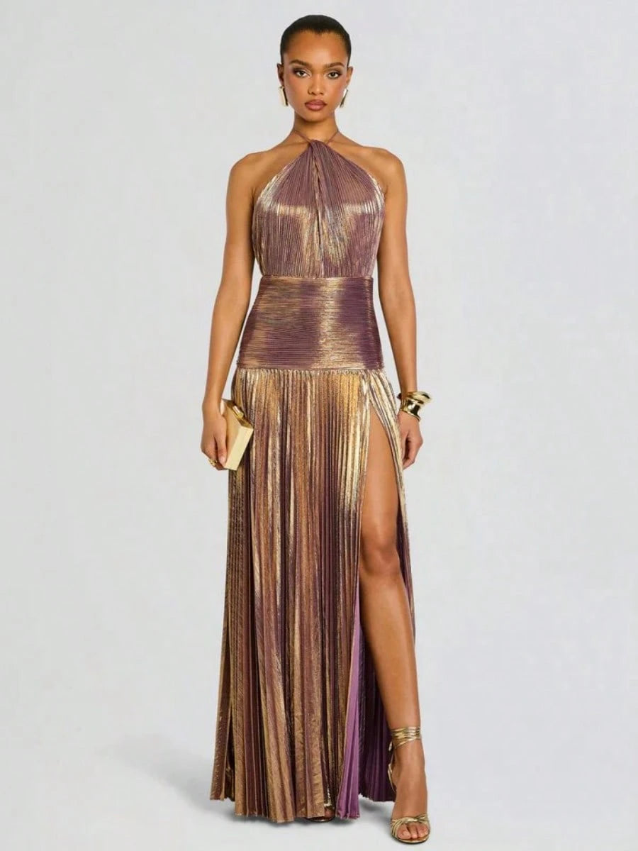 Glam Shiny Plisse Metallic Gown Halter Neck Ruched Waist High Split Formal Party Maxi Dress