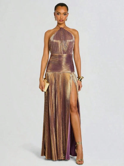 Glam Shiny Plisse Metallic Gown Halter Neck Ruched Waist High Split Formal Party Maxi Dress