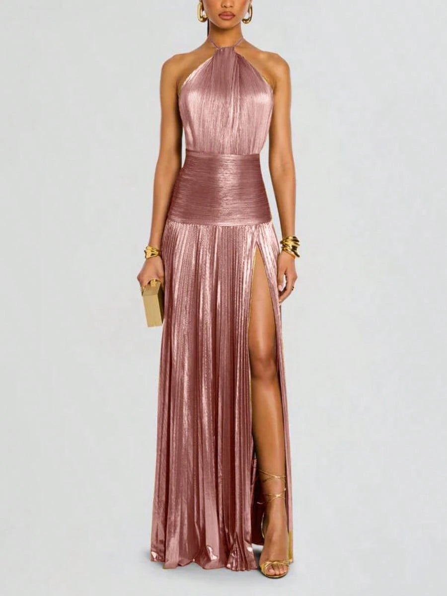 Glam Shiny Plisse Metallic Gown Halter Neck Ruched Waist High Split Formal Party Maxi Dress