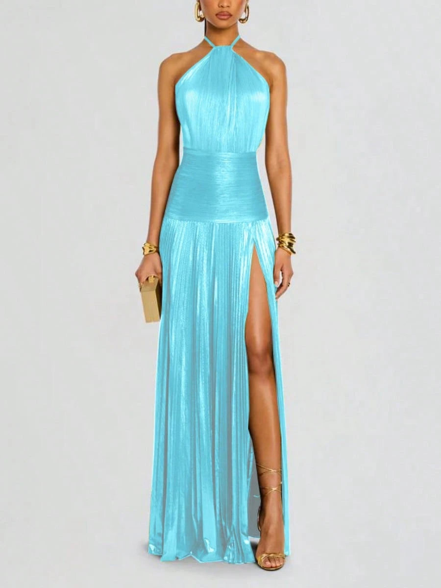 Glam Shiny Plisse Metallic Gown Halter Neck Ruched Waist High Split Formal Party Maxi Dress