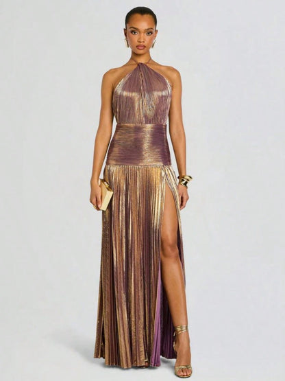 Glam Shiny Plisse Metallic Gown Halter Neck Ruched Waist High Split Formal Party Maxi Dress