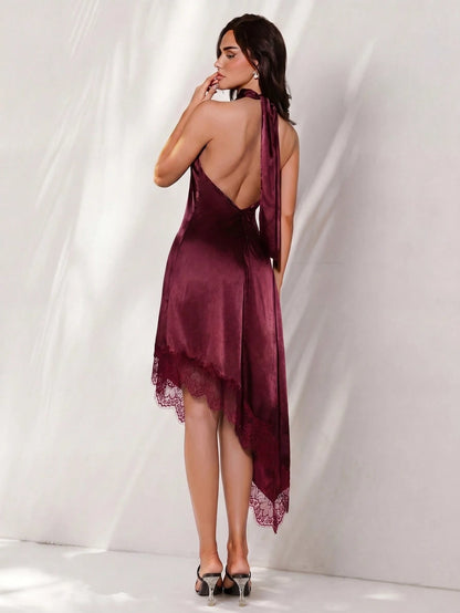 Glamine Women's Elegant Halter Neck Dress, Bold Backless Design With Large Bow, Satin Material, Lace Asymmetric Hem, Halter Neck Dress, Satin Lace Dress, Spring Cocktail Dress, Party Dress, Spring Wed