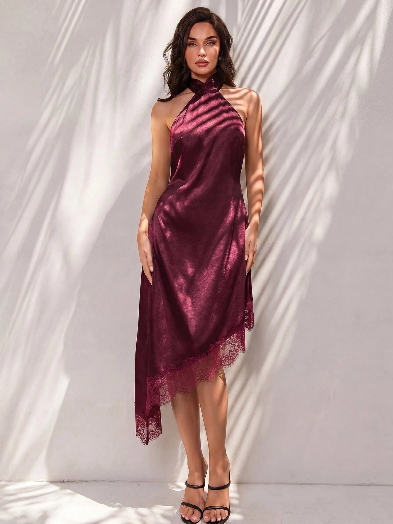 Glamine Women's Elegant Halter Neck Dress, Bold Backless Design With Large Bow, Satin Material, Lace Asymmetric Hem, Halter Neck Dress, Satin Lace Dress, Spring Cocktail Dress, Party Dress, Spring Wed