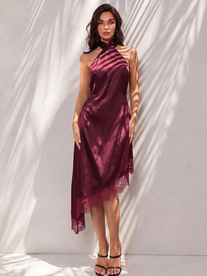 Glamine Women's Elegant Halter Neck Dress, Bold Backless Design With Large Bow, Satin Material, Lace Asymmetric Hem, Halter Neck Dress, Satin Lace Dress, Spring Cocktail Dress, Party Dress, Spring Wed
