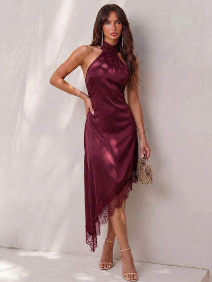 Glamine Women's Elegant Halter Neck Dress, Bold Backless Design With Large Bow, Satin Material, Lace Asymmetric Hem, Halter Neck Dress, Satin Lace Dress, Spring Cocktail Dress, Party Dress, Spring Wed