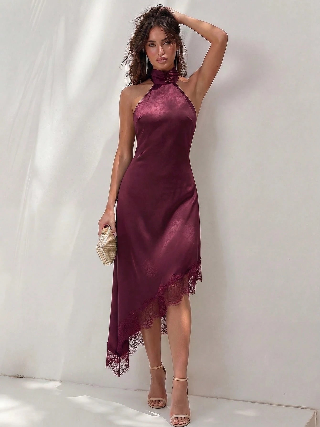 Glamine Women's Elegant Halter Neck Dress, Bold Backless Design With Large Bow, Satin Material, Lace Asymmetric Hem, Halter Neck Dress, Satin Lace Dress, Spring Cocktail Dress, Party Dress, Spring Wed
