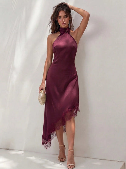 Glamine Women's Elegant Halter Neck Dress, Bold Backless Design With Large Bow, Satin Material, Lace Asymmetric Hem, Halter Neck Dress, Satin Lace Dress, Spring Cocktail Dress, Party Dress, Spring Wed