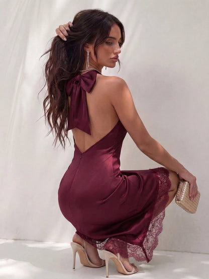 Glamine Women's Elegant Halter Neck Dress, Bold Backless Design With Large Bow, Satin Material, Lace Asymmetric Hem, Halter Neck Dress, Satin Lace Dress, Spring Cocktail Dress, Party Dress, Spring Wed